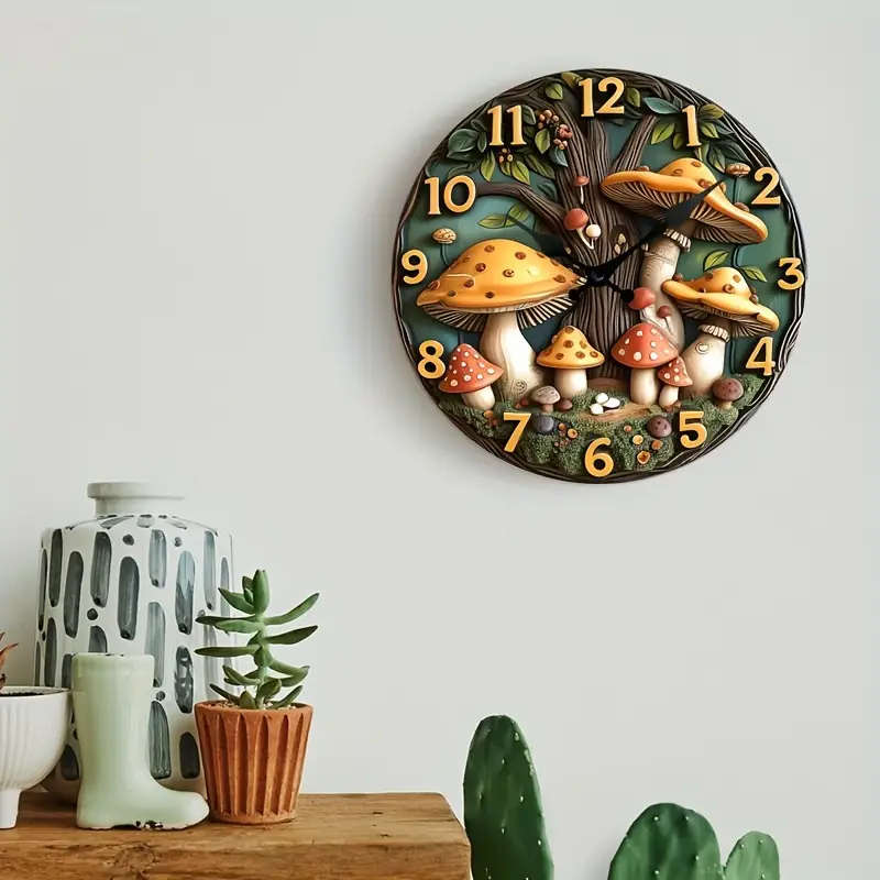 1pc Creative Wooden Wall Clock with 3D Mushroom and Tree Design Silent Analog Clock for Living Room