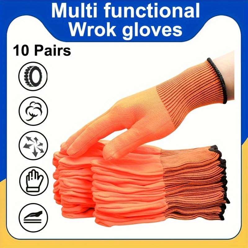 10 Pairs Tangerine One Size Fits All Multi Purpose Work Gloves