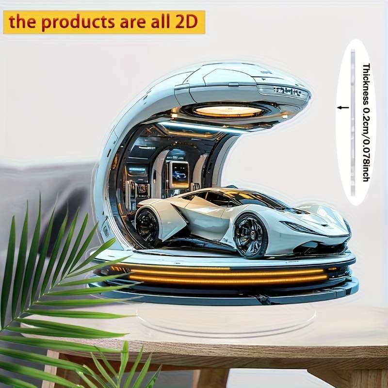 1pc 2D Flat  Bohemian  Acrylic Sports Car Gas Station Decorative Sign with Stand Sleek White