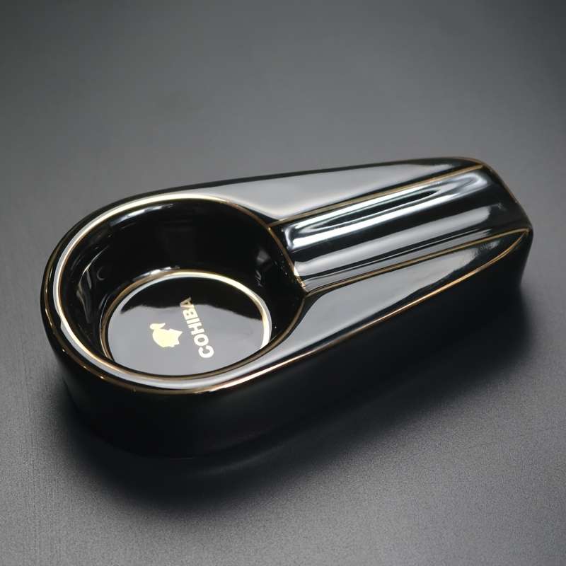 1pc Elegant Ceramic Cigar Ashtray with Golden Accents Portable Round Design for Home Use Ideal