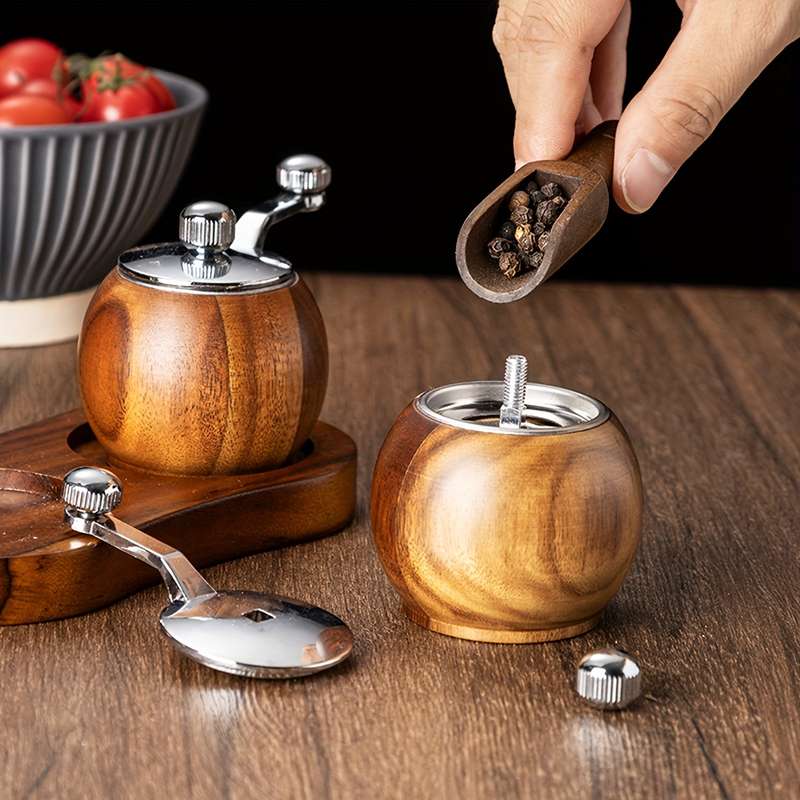 1pc Wooden Manual Pepper Grinder Hand-Crank Sea Salt Black Pepper Mill Rustic Kitchen Tool