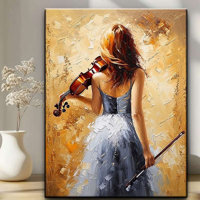 1pc  Elegant Violinist Art Print Music-Themed Wrapped Canvas Frame with Pine Wood Back View W