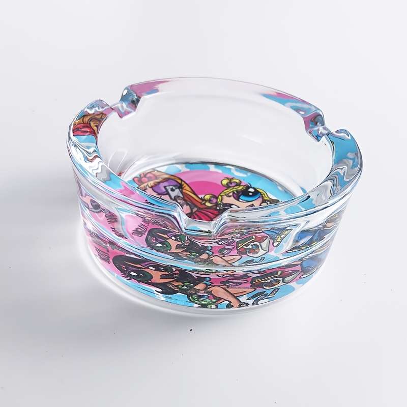 1pc Glass Cartoon Pattern Round Smoke Ashtray 8.48cm Neutral Novelty Gift Christmas Gift for Ho