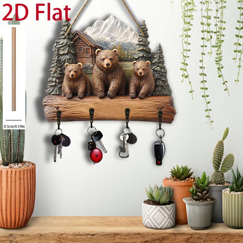 2D Flat 1pc Bear Family Simple Colorful Wooden and Home Key Hanger with Four Metal Hooks 2D Flat W