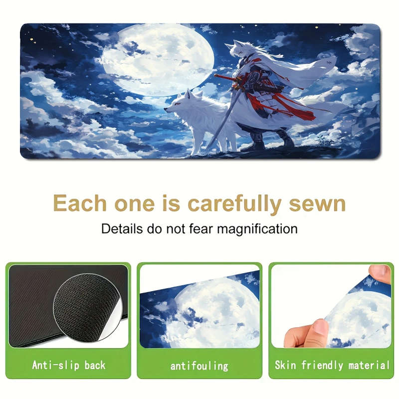 1pc 30x80cm Full Moon Night Fox Warrior Style Rubber Non-Slip Mouse Pad