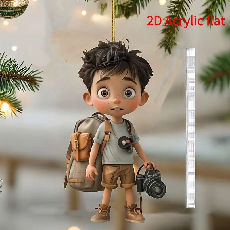 1pc 2D Flat  Acrylic Hanging Ornament Stylish Young Photographer with Camera Backpack Ideal for