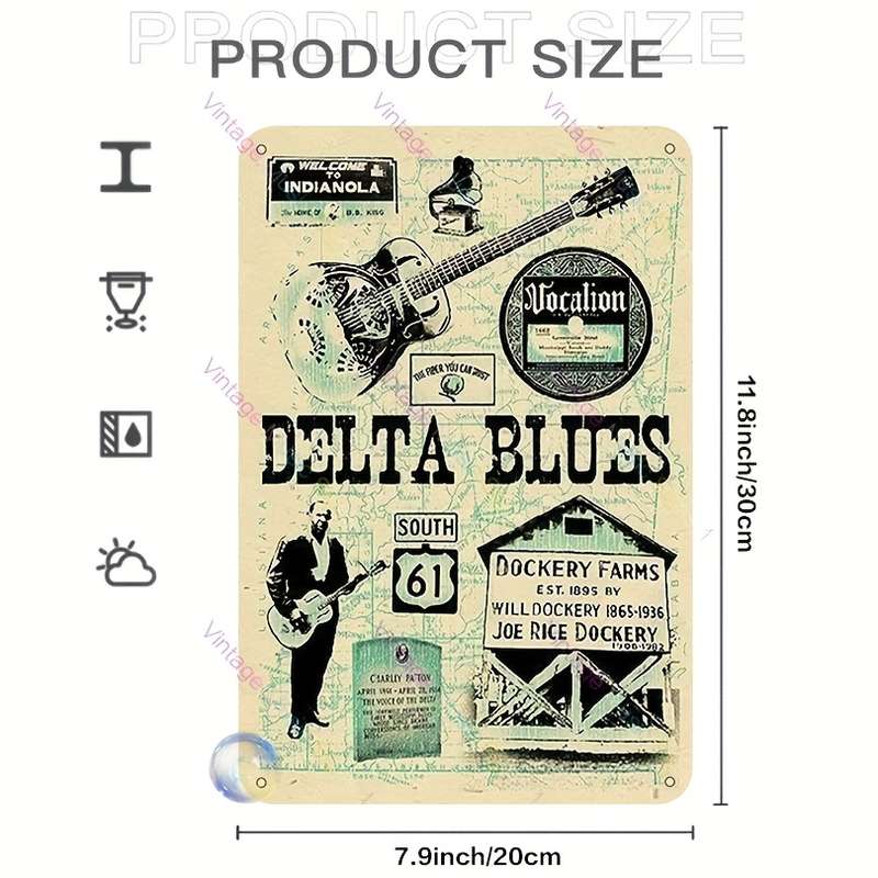 1pc Vintage Delta Blues Metal Tin Sign 30.48x20.32 cm Retro Wall Art with Guitar Player Music-T