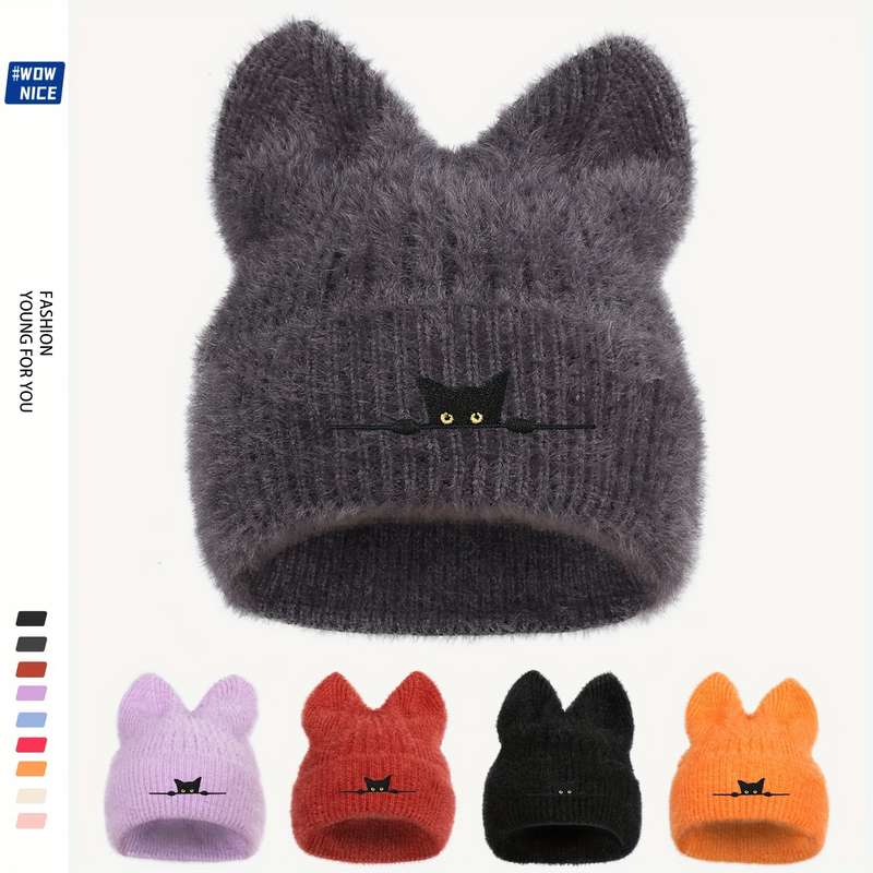 1pc Cozy Black Cat Embroidered Knit Beanie Thick Plush Winter Hat with Ear Covers Breathable St