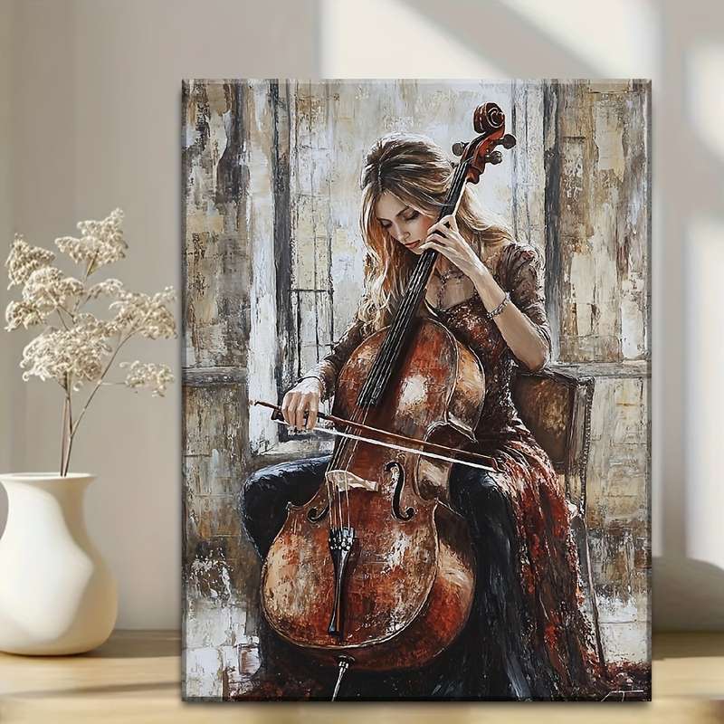 1pc Elegant Cellist Canvas Art Contemporary Fashion-Themed Woman Playing Cello High-Definition