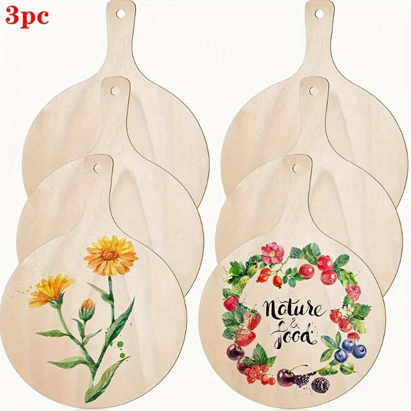 3pcs Mini Wooden Cutting Boards with Handles DIY Unfinished Craft for Kitchen Decor Floral