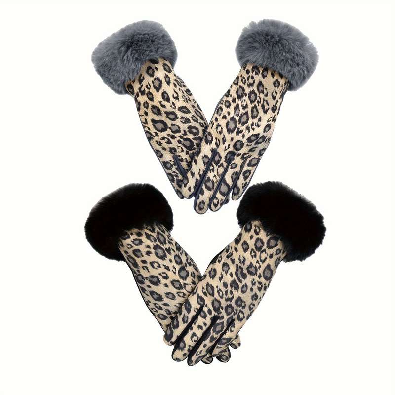 1 Pair Leopard Print Hair Mouth Gray Black Warm Gloves