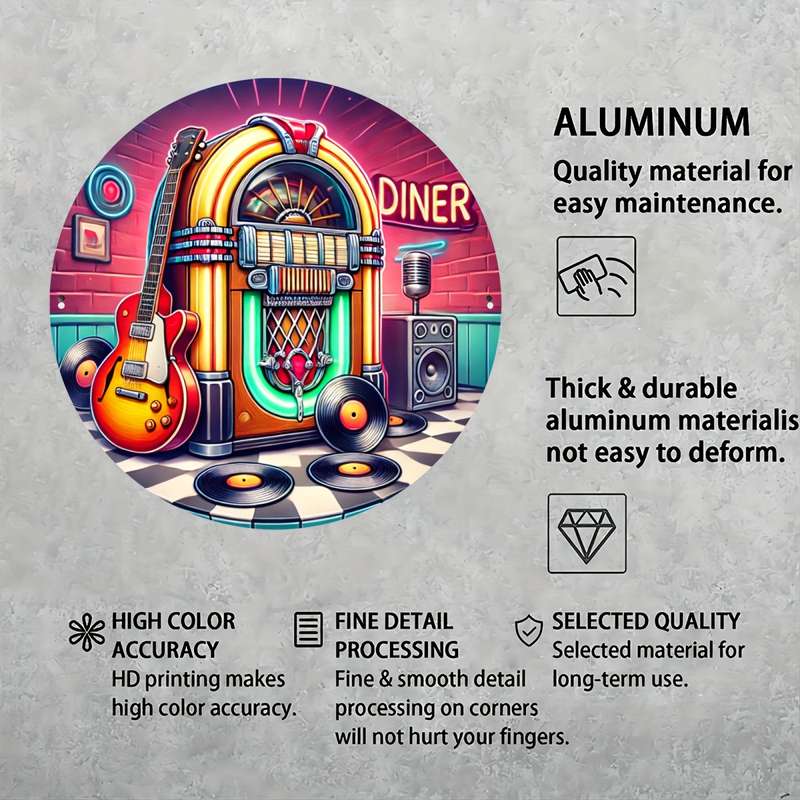 1pc Vintage Jukebox Metal Wall Art 19.81cm Aluminum Round Decor with Guitar Records Retro Dine