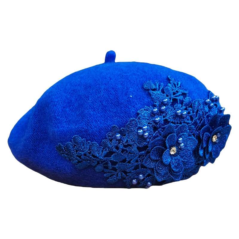 1pc Stylish Knitted Beret with Embroidery Design and Rhinestone Accents Vintage Style Fashionabl