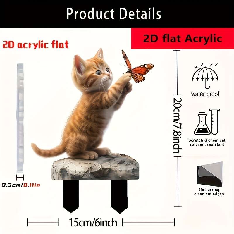 1pc 2D Flat  One Piece WhimsyGarden Acrylic Kitten and Butterfly Garden Stake Plug Waterproof