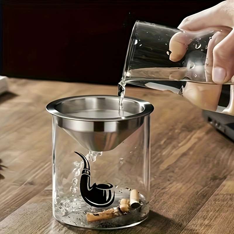 1pc Vintage Round Glass Ashtray with Lid Stainless Steel Funnel Creative Office Home Ashtray