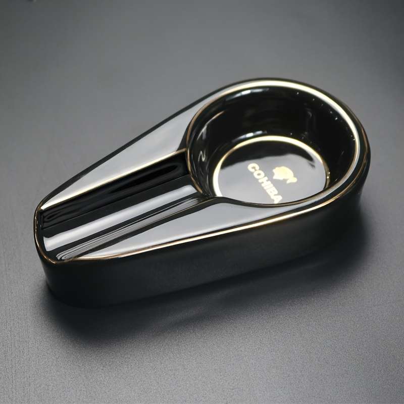 1pc Elegant Ceramic Cigar Ashtray with Golden Accents Portable Round Design for Home Use Ideal