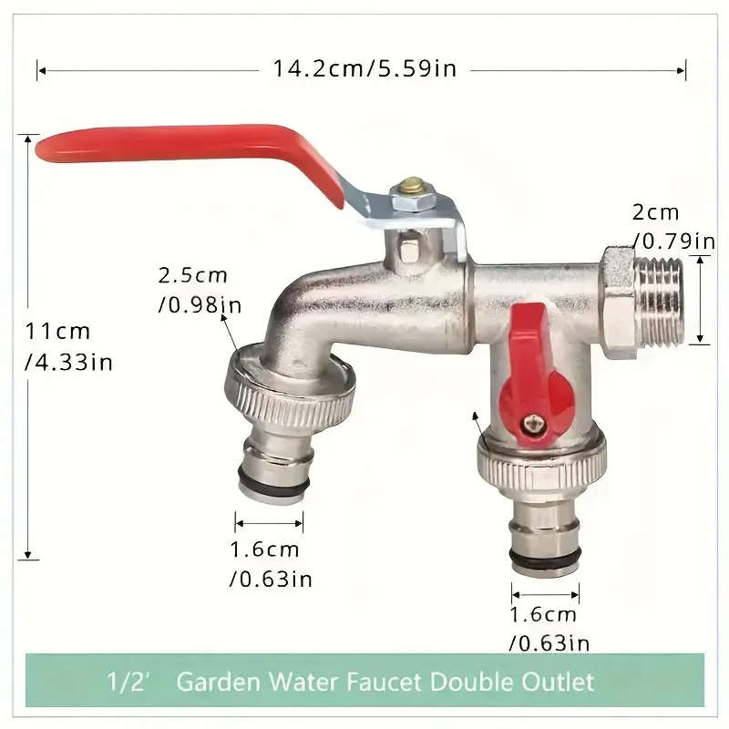 1pc Zinc Alloy Garden Faucet 1/2" Thread Classic Style Dual Outlet for Hose Attachment Watering and