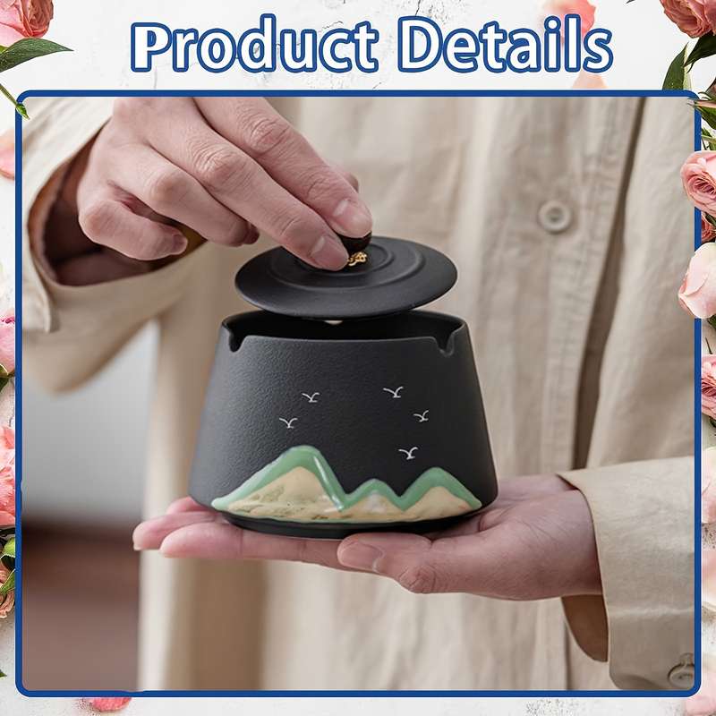 1pc Vintage Ceramic Ashtray with Lid C Windproof Black Mountain Bird Design for Indoor Outdoor Us