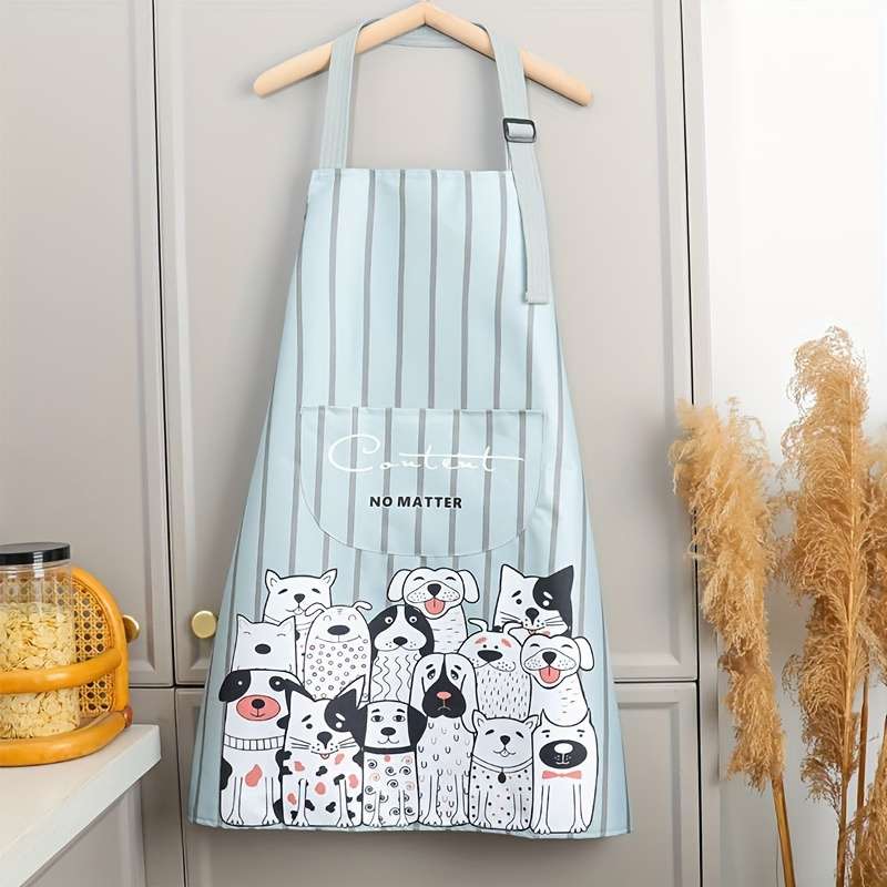 1pc Cute Cartoon Dog Apron for Adults Polyester Kitchen Chef Apron with Pockets Blue Striped