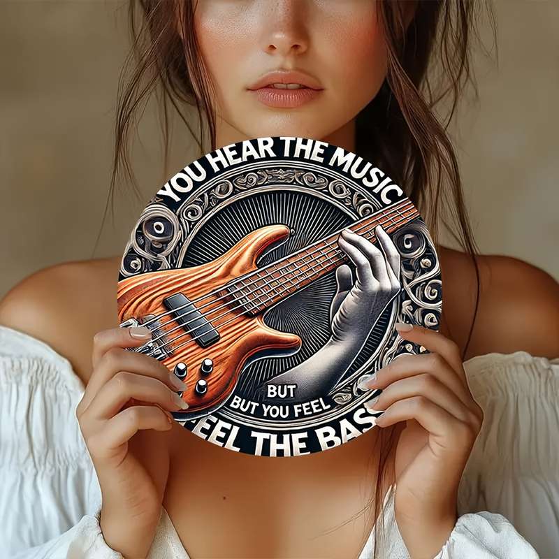 1pc  Electric Bass Guitar Metal Sign 8-inch Round Vintage-Inspired Wall Art You Hear the Mus