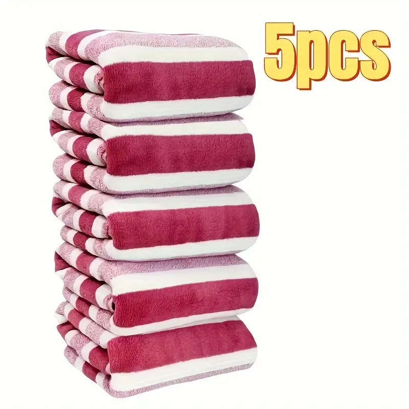 5Piece Ultra-Soft Coral Fleece Towel Set Quick-Dry Striped for Shower Sports Travel Yoga Premium Pol