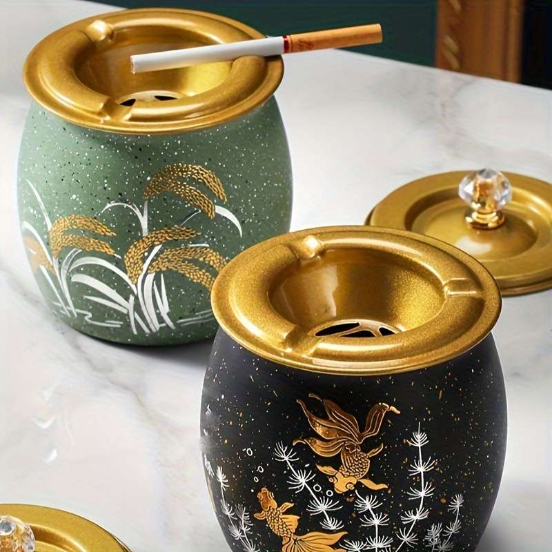 1pc Elegant Stainless Steel Ashtray with Lid Anti-Fly Round Design for Home Living Room Decor