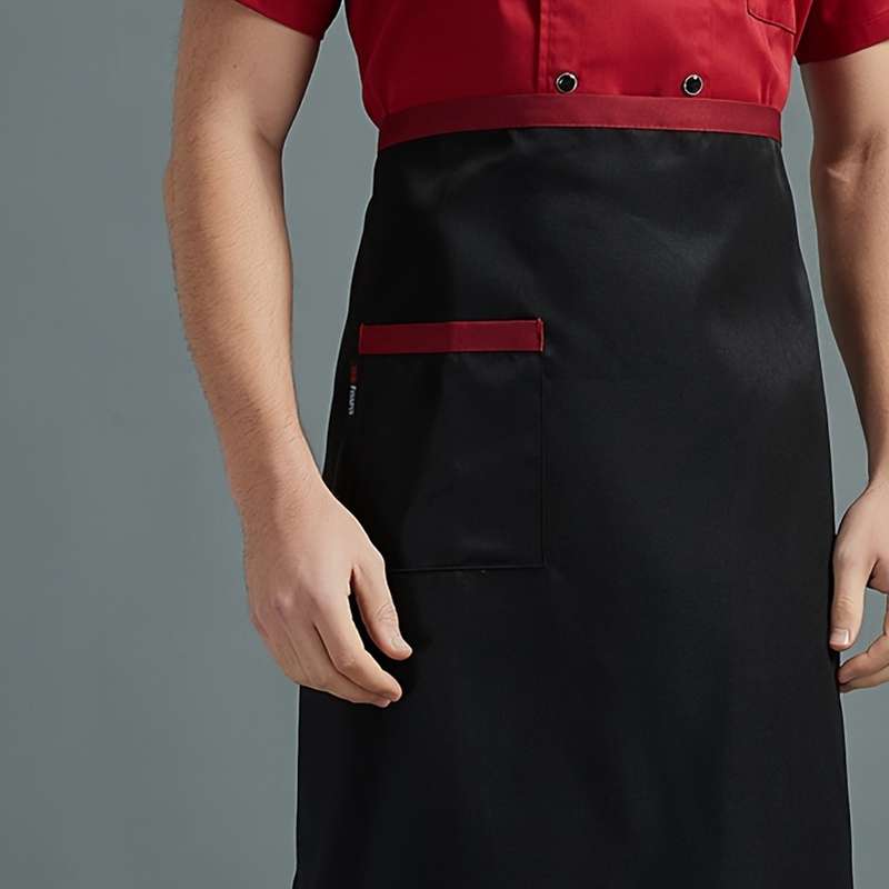 1pc Men's Black Canvas Chef Apron with Red Stripe Half-Length Server Kitchen Work Apron Durabl