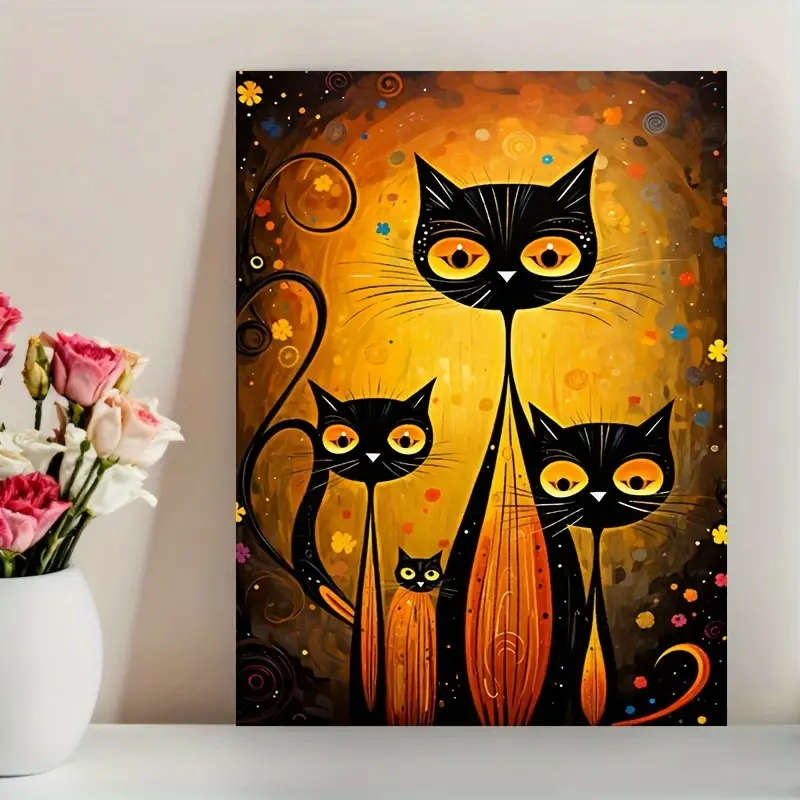 1pc Black Cat Full Moon Canvas Art Print Frameless Modern Wall Decor for Living Room Bedroom Office
