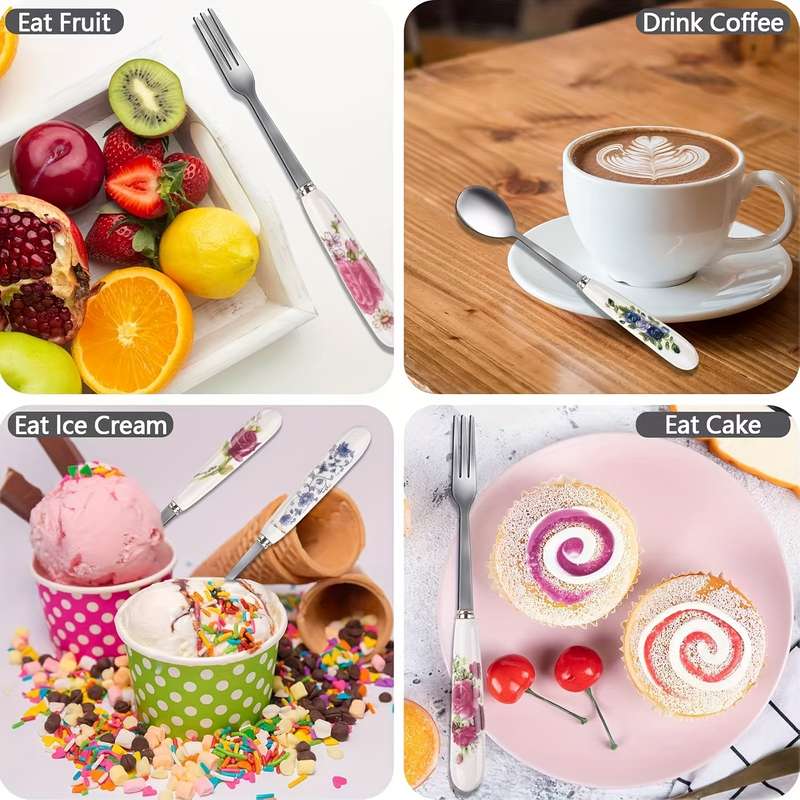 12pcs floral printed ceramic handle stainless steel tableware set polished surface tableware