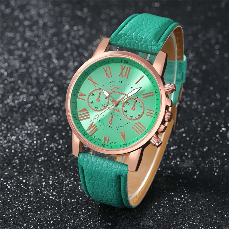 1pc Fashion Quartz Watch Rose Golden Accents White PU Leather Strap Round Dial with Black Numerals