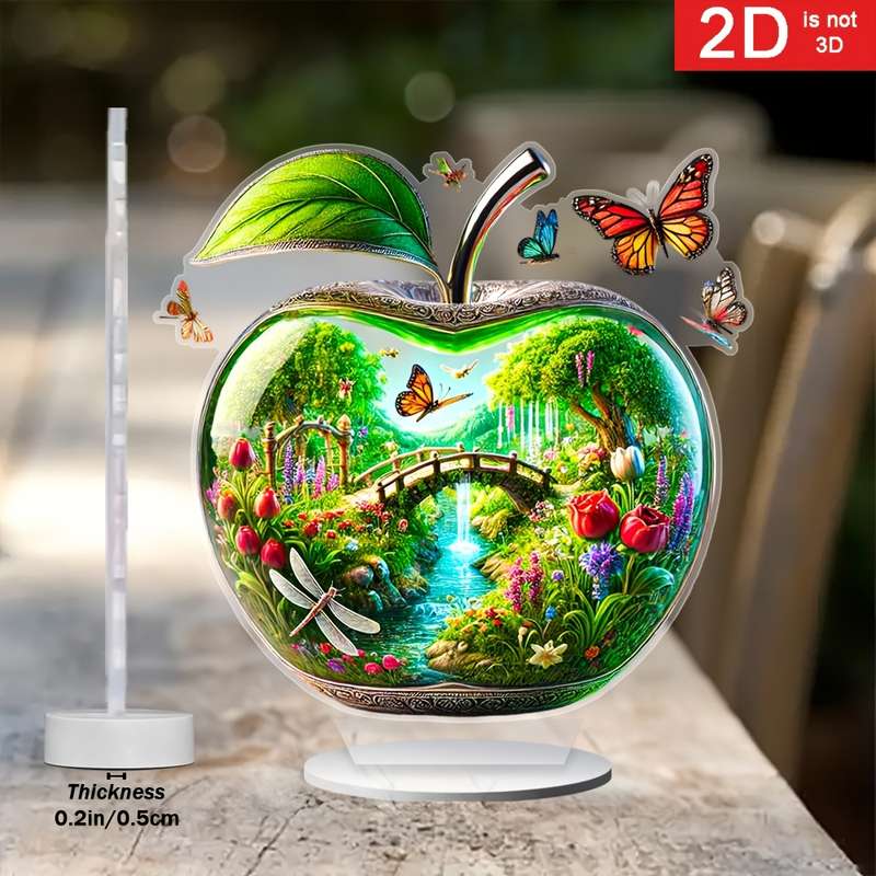1pc 2D Flat   Charming Apple-Shaped Acrylic Decor a Vibrant Garden with Bridges Waterfalls D