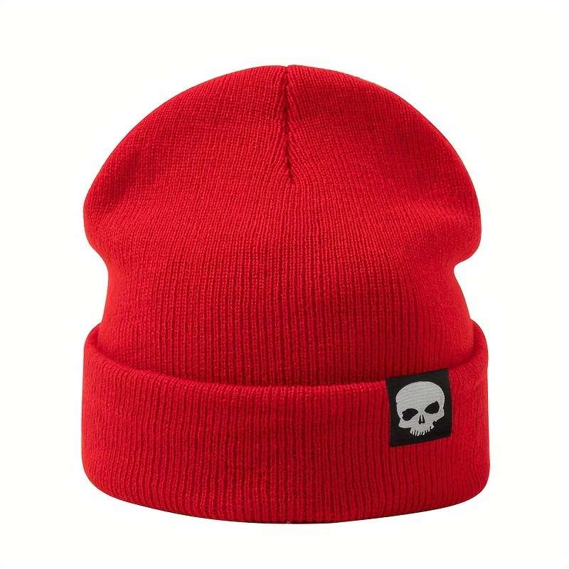 1pc MAKEFGE Skull Logo Knit Beanie Warm Stretchy Acrylic Winter Hat for Men Funky Style Handw