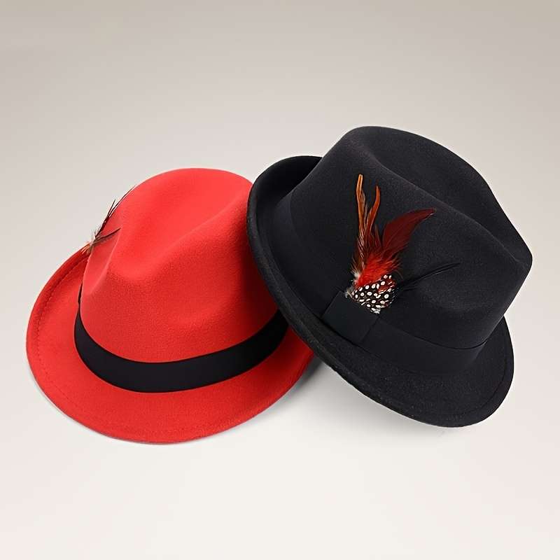 1pc Unisex Classic Cotton Blend Fedora Hat with Feather Breathable Short Brim Felt Panama Dress Ca