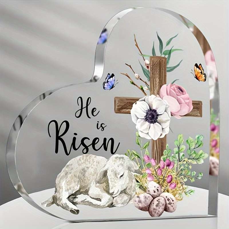 1pc 2D Flat  Heart-Shaped Acrylic Easter Decoration "He is Risen" Lamb and Cross Design with Flor