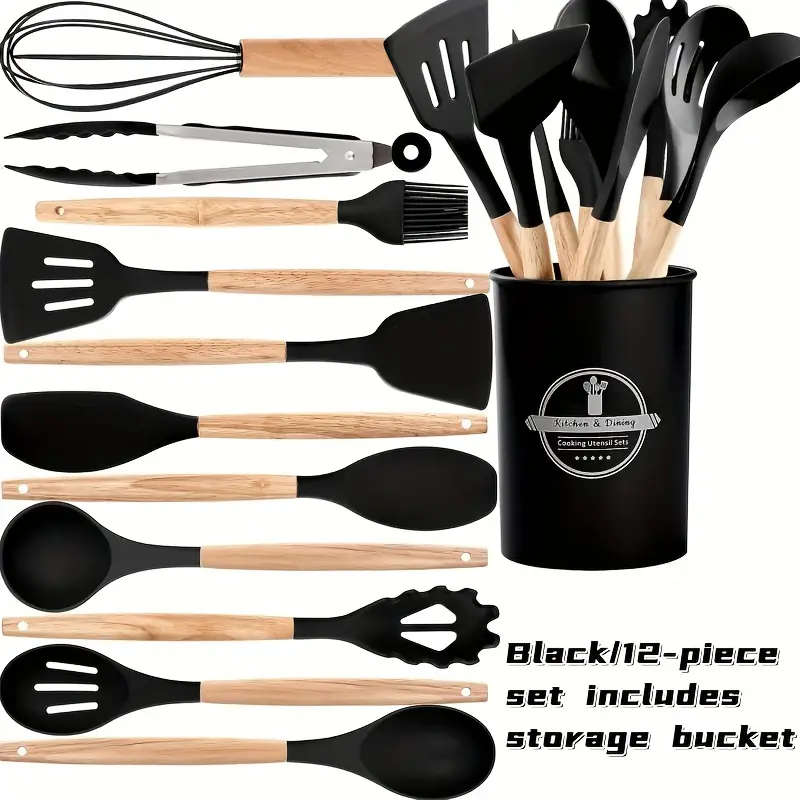 12Piece Silicone Cooking Utensil Set with Wooden Handles and Storage Bucket Non-Stick Kitchen Spatul