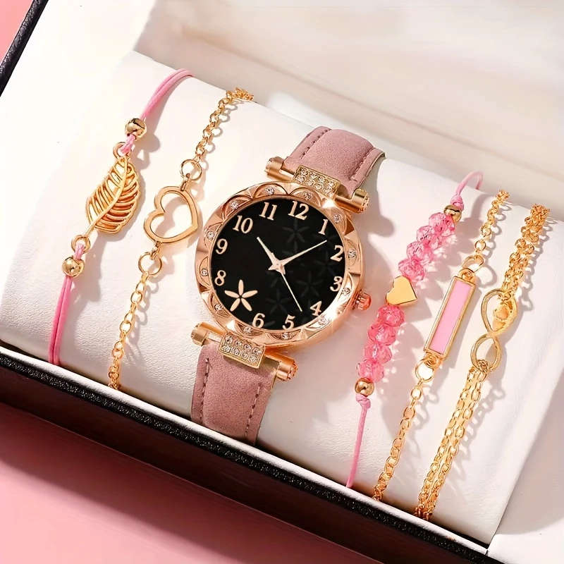 6pcs set Beautifully Designed Printed Rhinestone Quartz Watches with Digital Dial And Bracelets