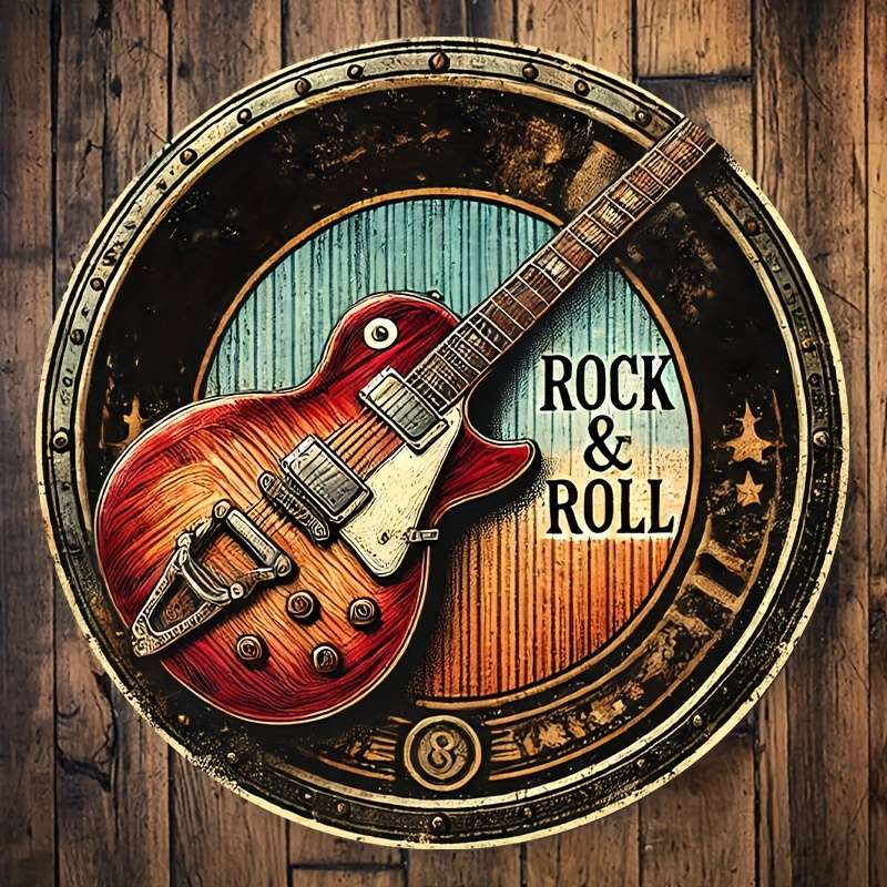 1pc 2D Flat Vintage Rock Roll Guitar Metal Wall Art Sign 20.32x20.32 cm Round Iron Decorative