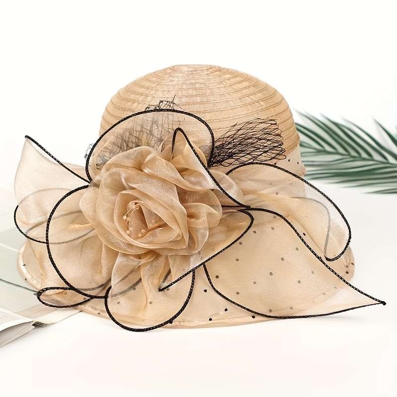 1pc Women's Wide Brim Floral Organza Sun Hat Beige with Black Mesh Flower Veil Breathable UV P