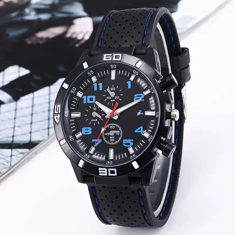1pc Men'S Sports Quartz Watch - Blue