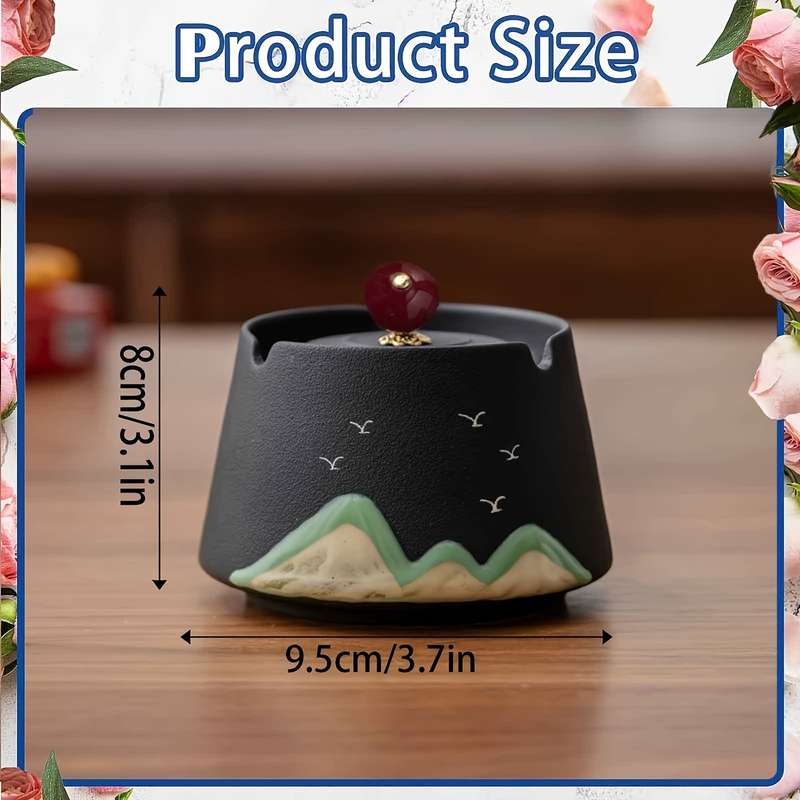 1pc Vintage Ceramic Ashtray with Lid C Windproof Black Mountain Bird Design for Indoor Outdoor Us
