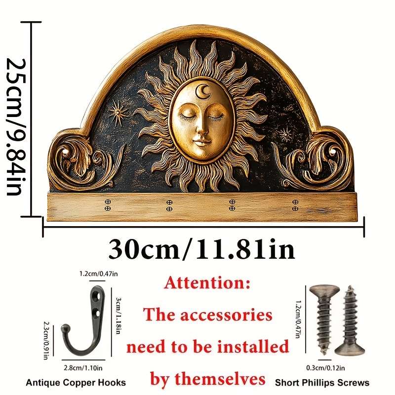 2D Flat 1pc Sun and Moon God Statue Simple Colored Wooden and Home Key Hanger with Four Metal Ho