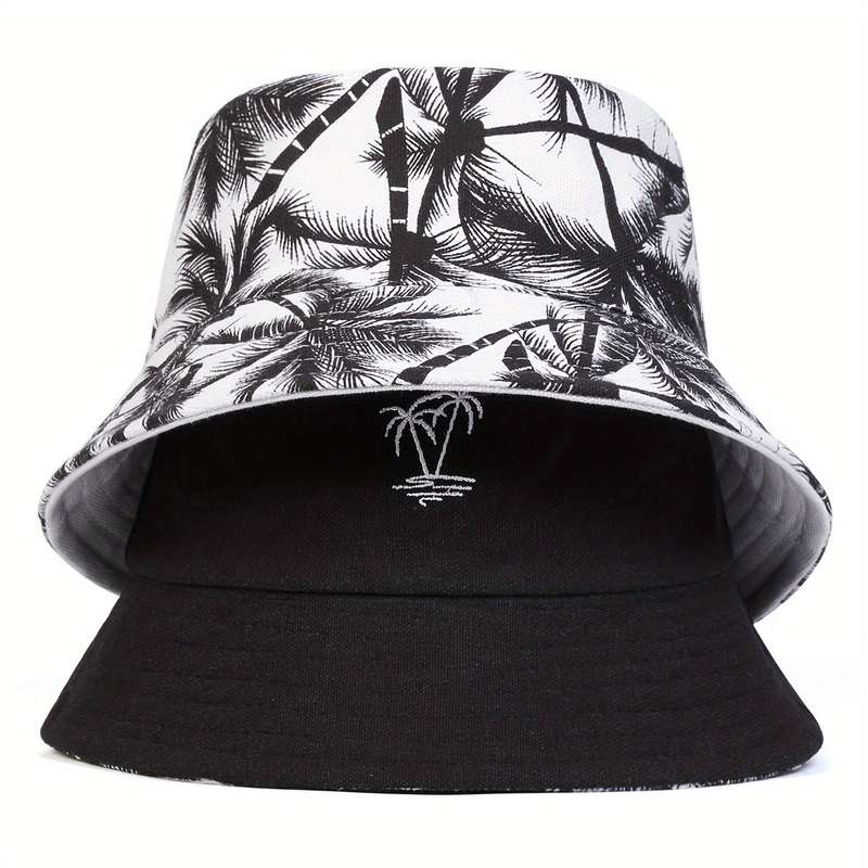 1pc Men'S Reversible Bucket Hat with Tree Embroidery Funky Style Polyester Fishing Cap Casual