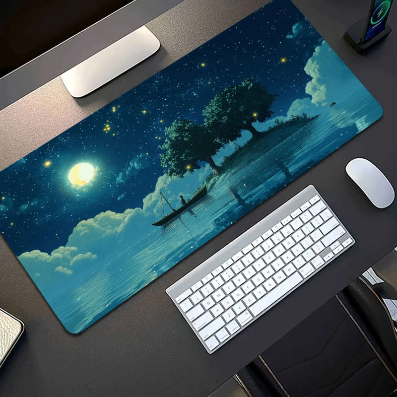 1pc 40x90cm Serene Moonlit Solitary Boat Large Gaming Mouse Pad Non-Slip Rubber Base
