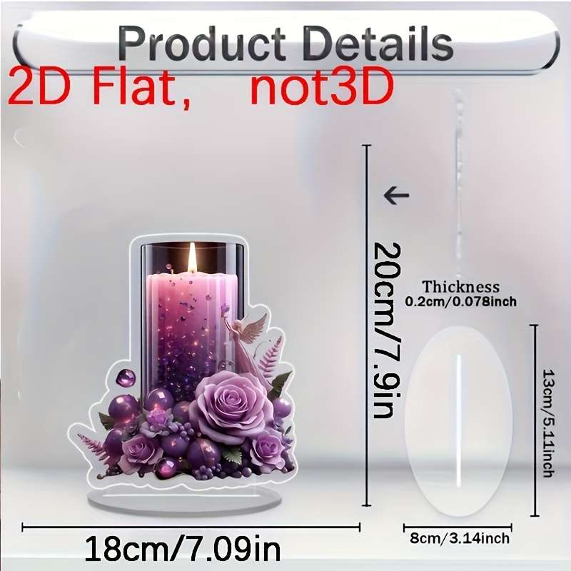 1pc 2D Flat  Purple Acrylic Candle Decor with Angel Roses Romantic  Design for Home Offi