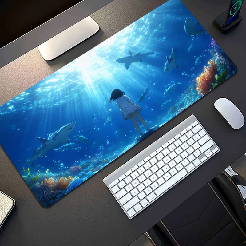 1pc 30x60cm Ergonomic Rubber Mouse Pad Underwater Shark Girl Design Non-Slip Washable Durable