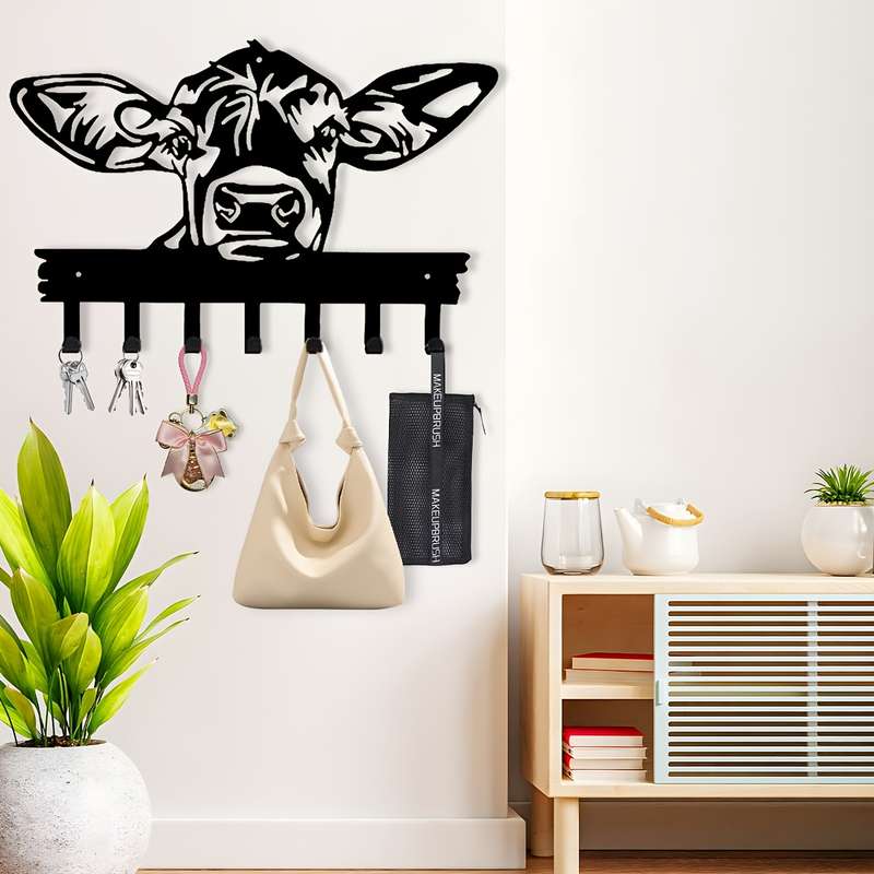 1pc Chic Cow-Head Metal Key  Coat Hook RackRustic Black Wall-Mounted Design with Powder-Coated F