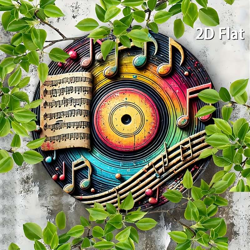 1pc 2D Flat  Vintage Metal Sign with Colorful Music Notes and Records Aluminum Round Poster wi