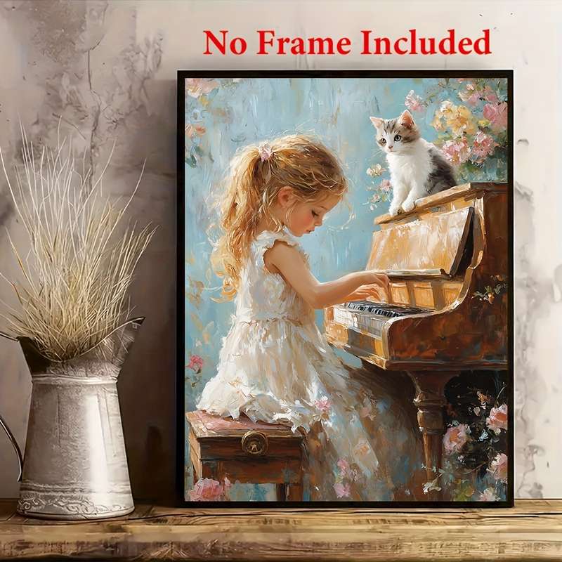 1pc  Oil on Canvas Frameless 30.48X40.64 cm Little Girl Playing The Piano Home Decoration