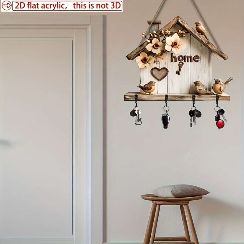 2D flatle and Colorful Wooden Home Key Holder Comes with Four Metal Hooks 30.0cm x 24.99cm 2D Wal