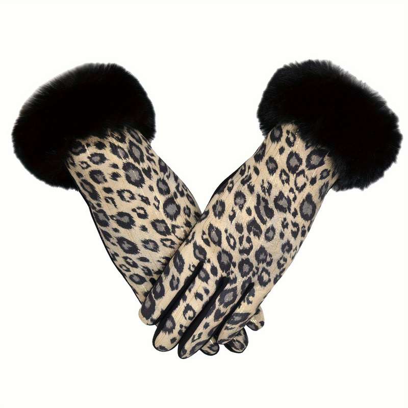 1 Pair Leopard Print Hair Mouth Gray Black Warm Gloves